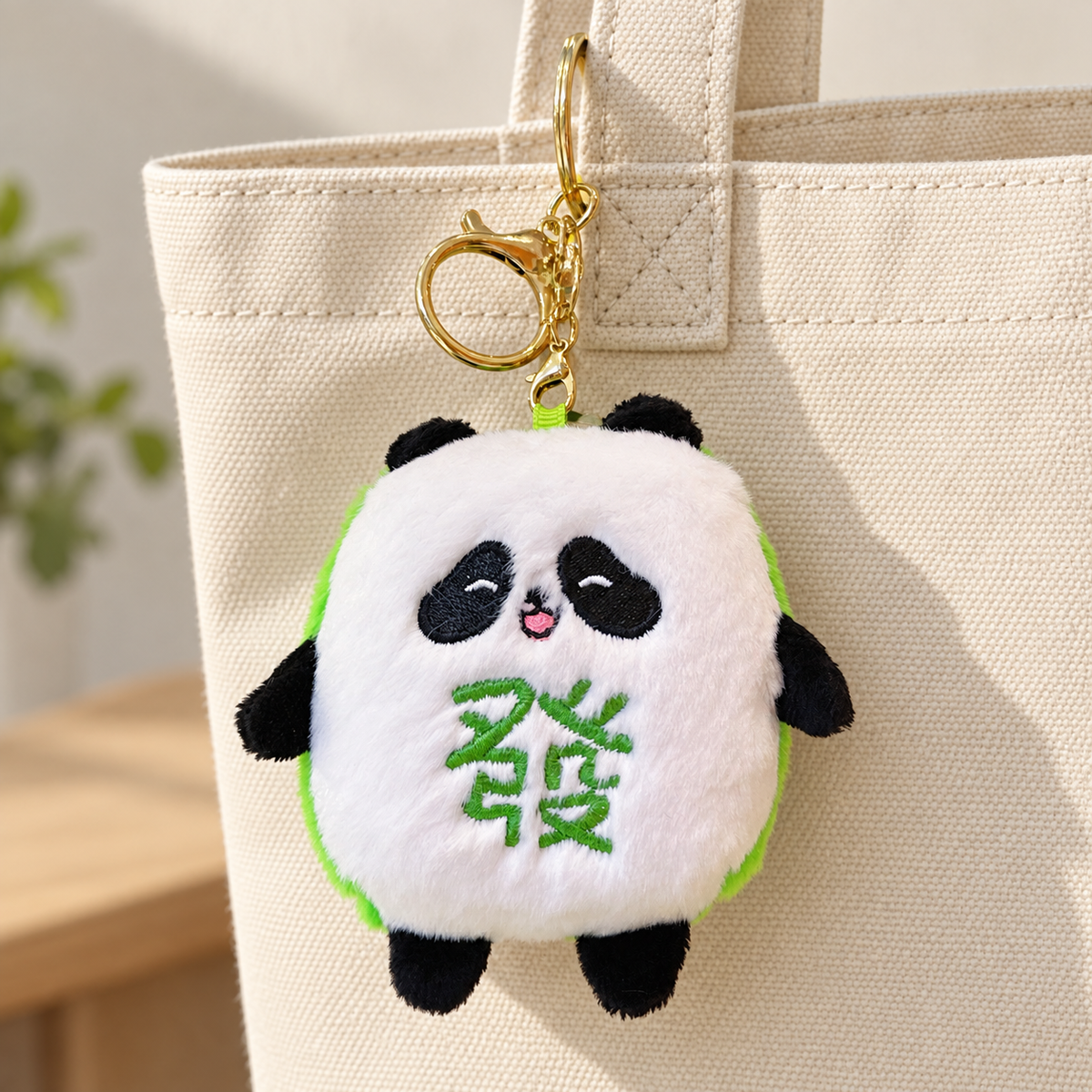 Panda plush bag charm attached to a handbag