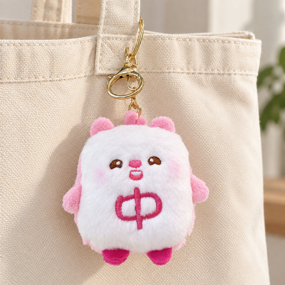 Pink Character plush bag charm attached to a handbag
