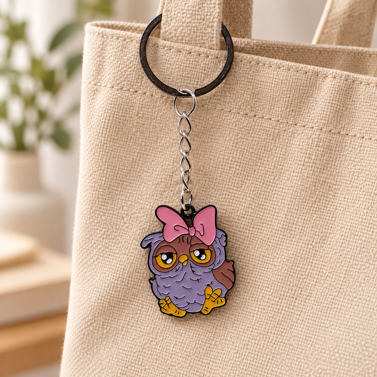 Purple Owl illustrated bag charm attached to a handbag