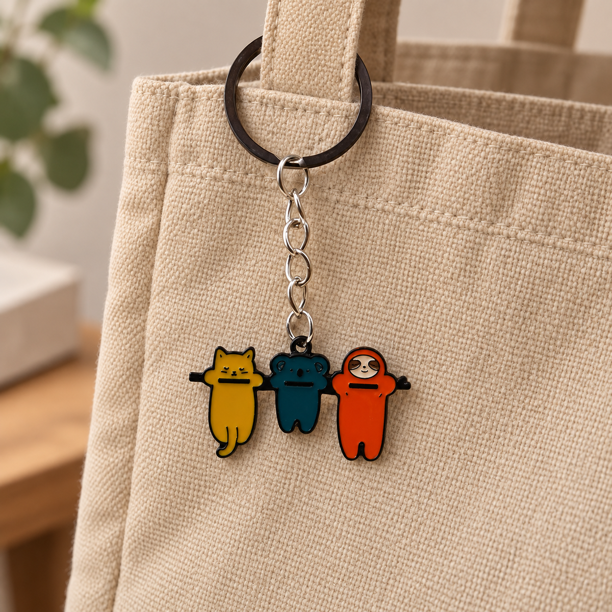Three Characters illustrated bag charm attached to a handbag