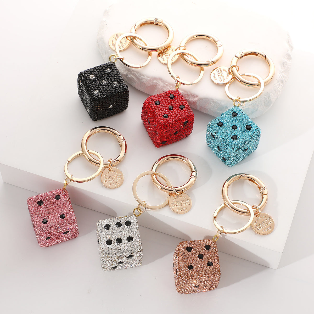 Full Diamond Rhinestone Dice Lucky Bag Charm with Keychain Attachment