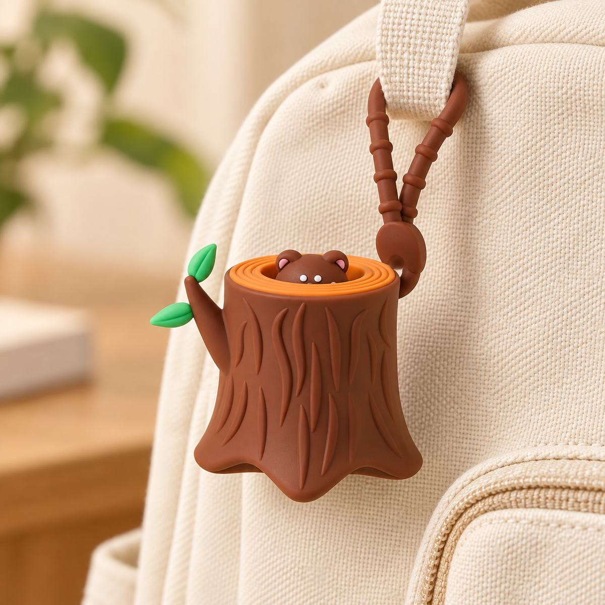 Tree-stump silicone pop-up charm styled on a backpack; bag not included