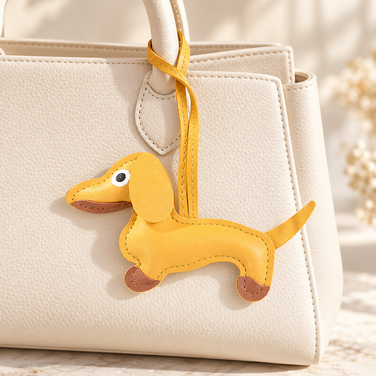 Stitched Dachshund Bag Charm styled on a bag; bag not included
