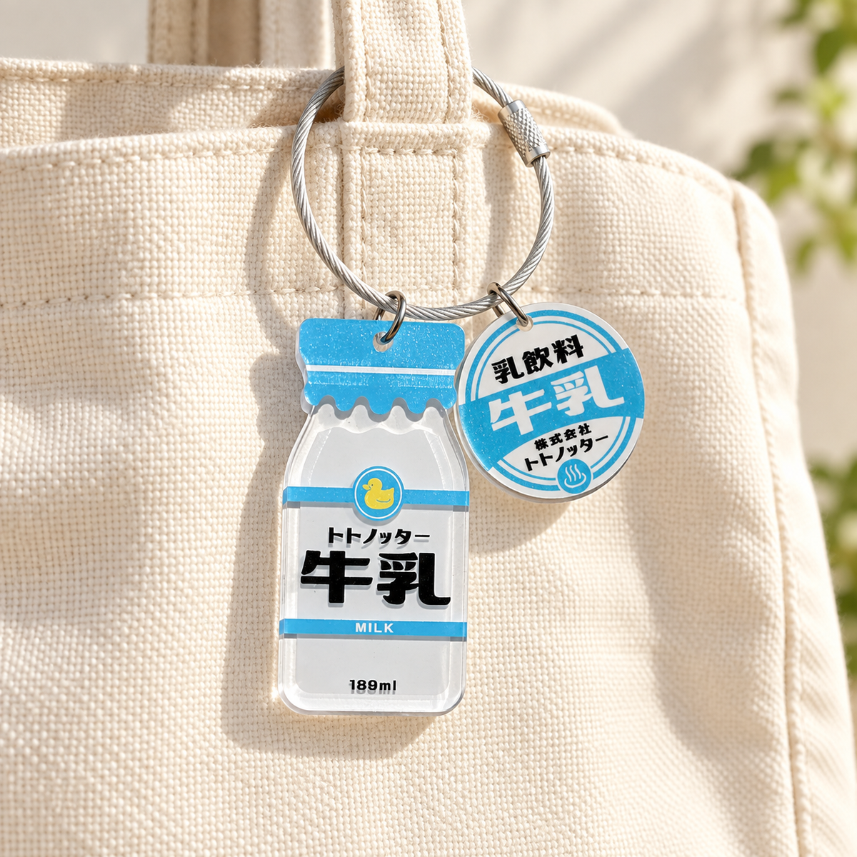 Retro Milk Bottle Acrylic Bag Charm styled on a bag; bag not included