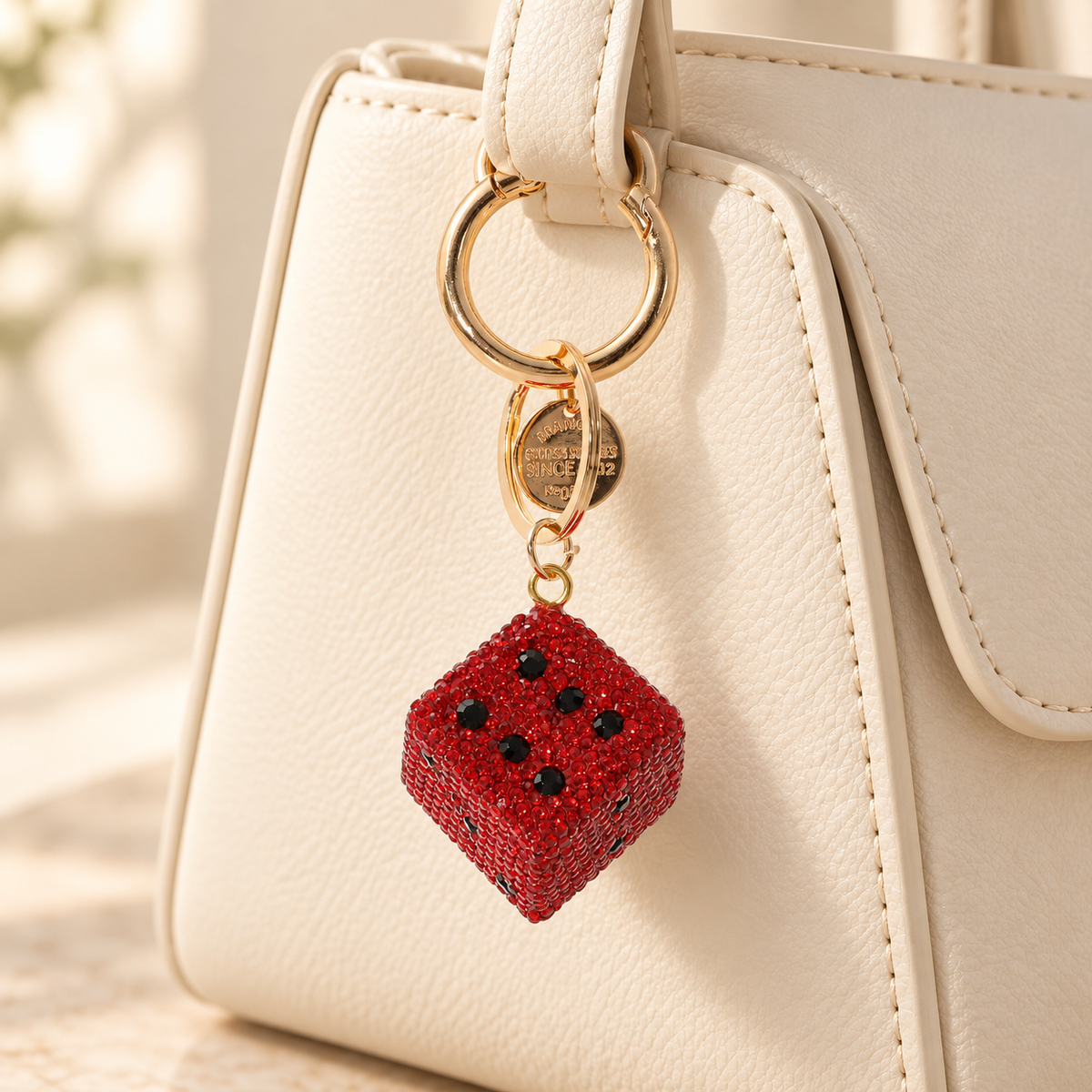 Red rhinestone dice charm styled on a cream bag; bag not included