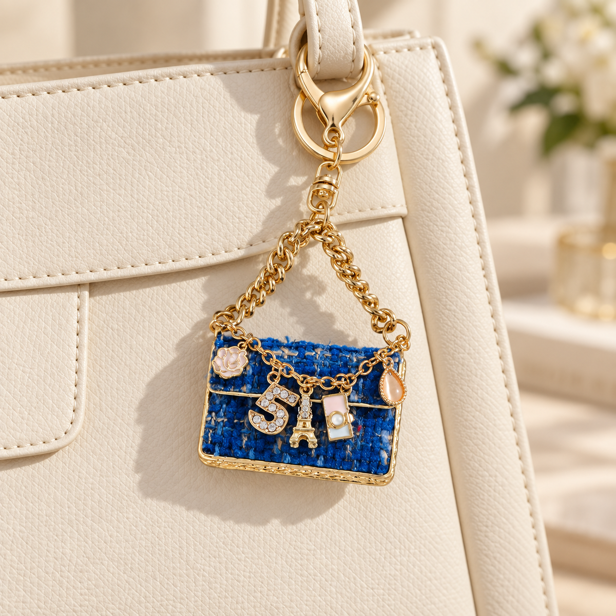 Mini Tweed-Style Handbag Charm styled on a bag; bag not included