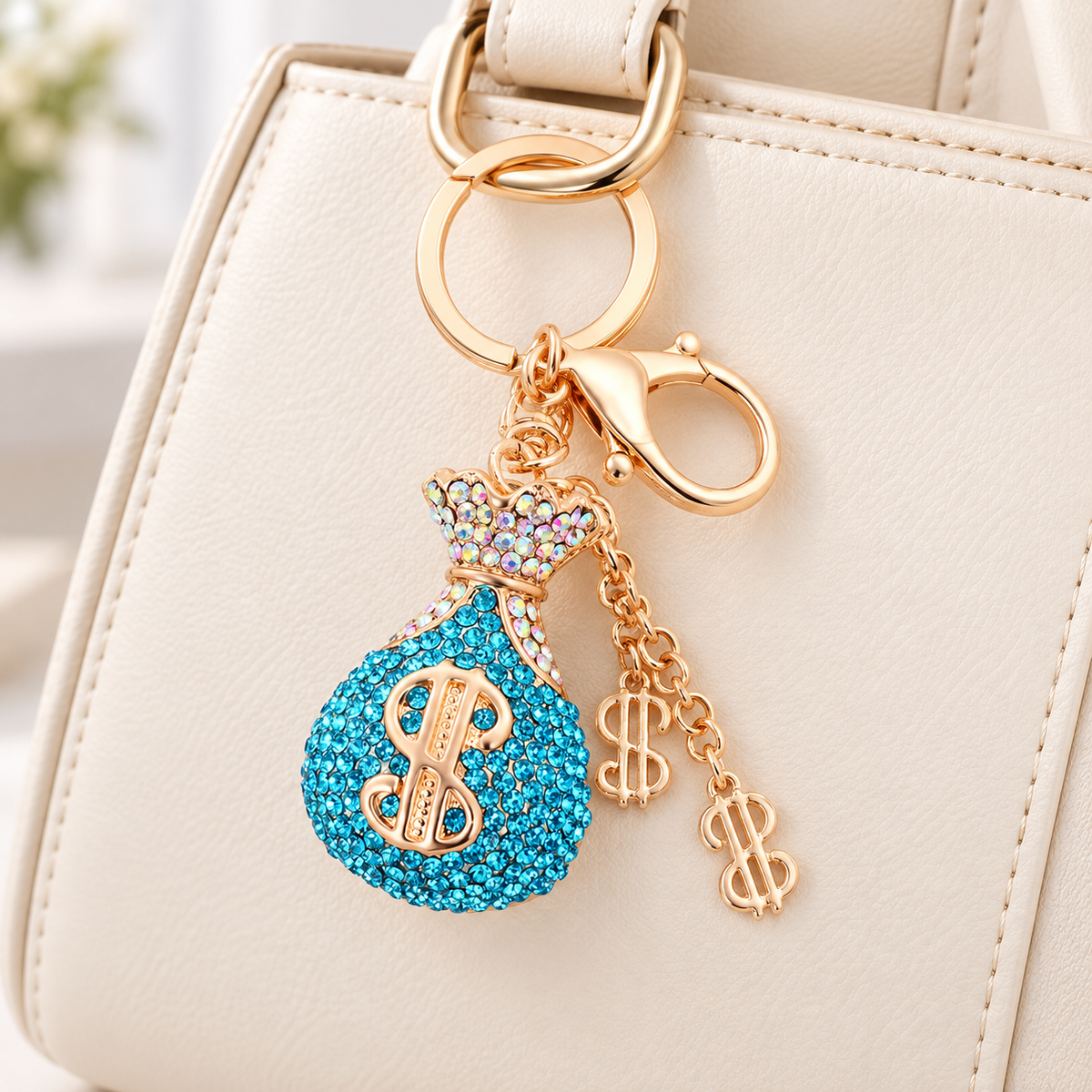 Rhinestone Fortune Bag Charm styled on a cream handbag; bag not included
