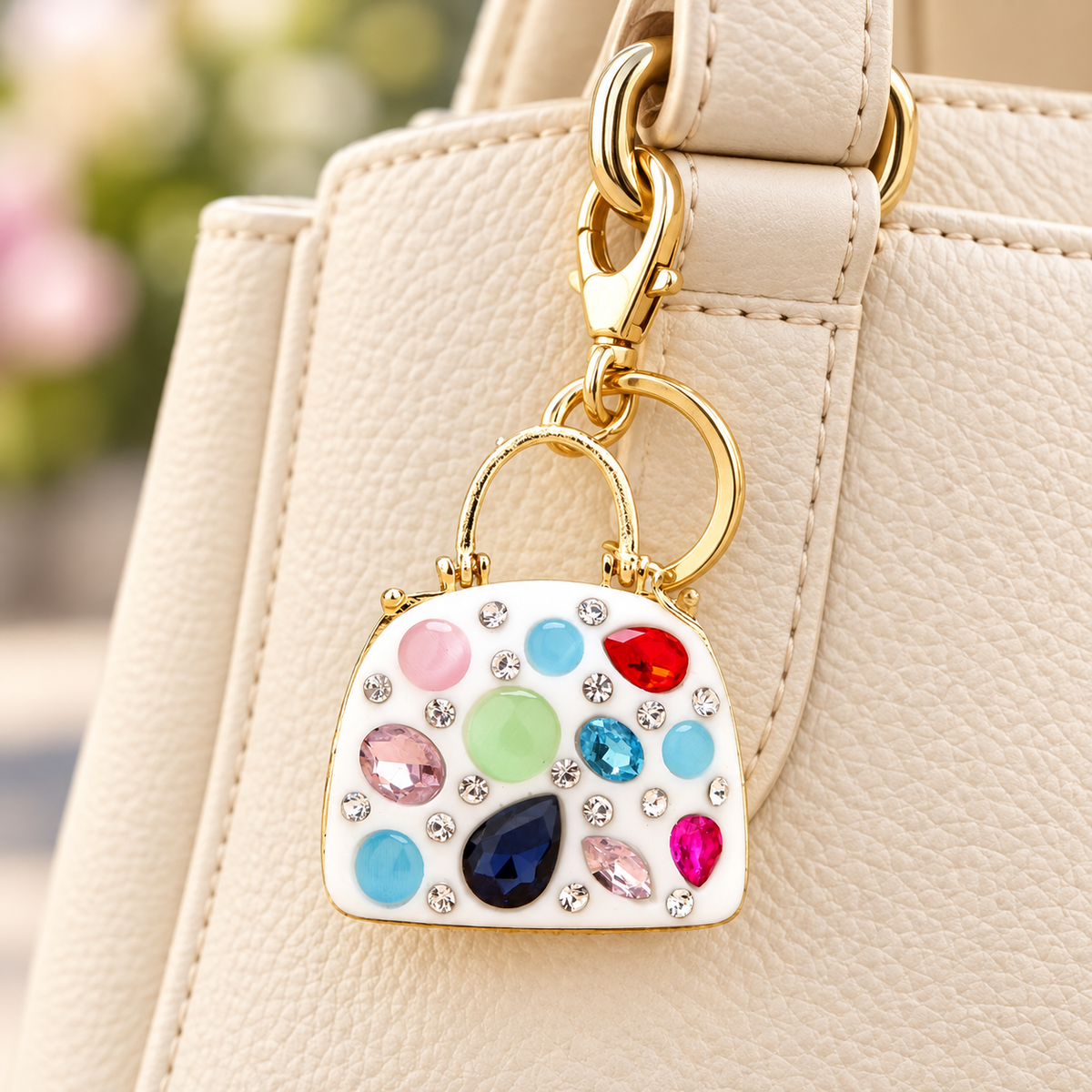 White multicolor gem miniature handbag charm styled on a bag; bag not included