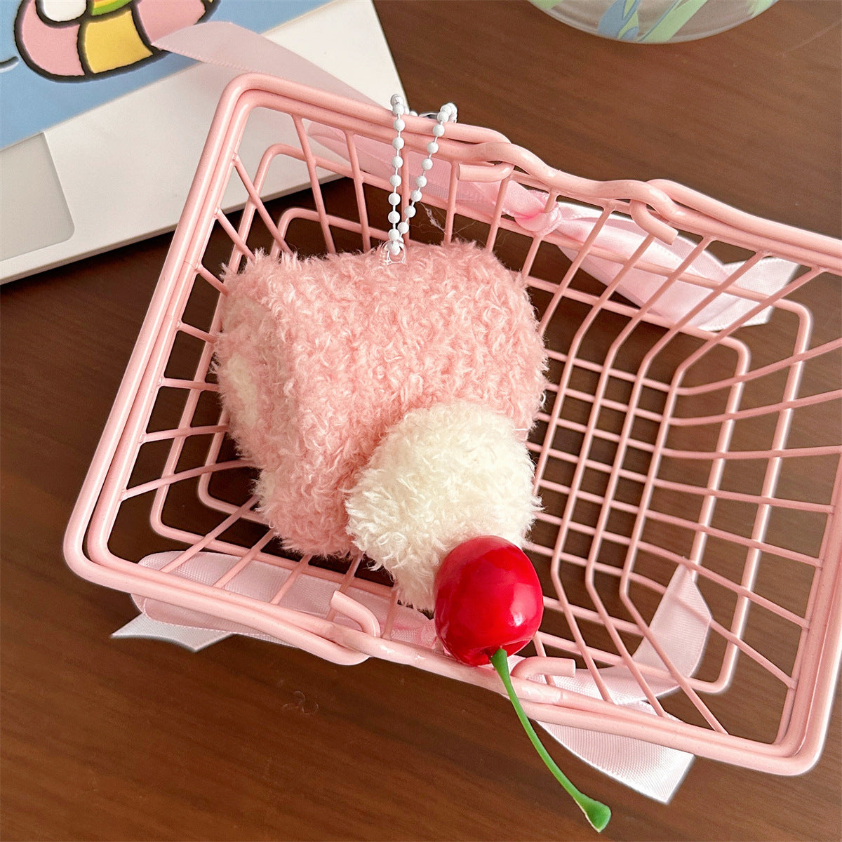 Plush Food Bag Charm — Pink Cake — Ball Chain