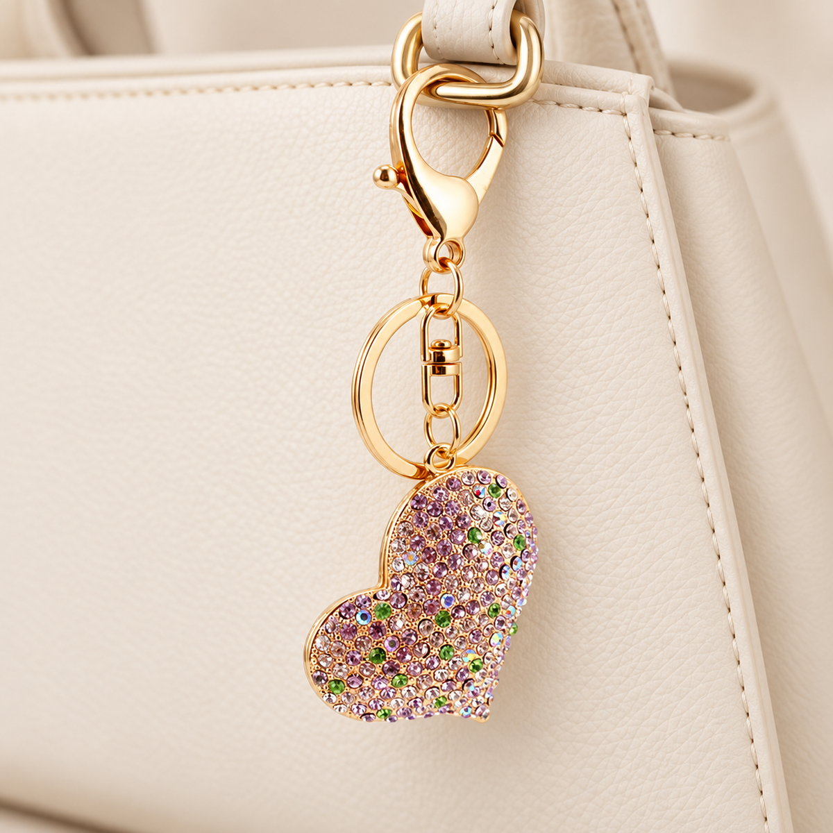 Rhinestone Puffy Heart Bag Charm styled on a cream handbag; bag not included
