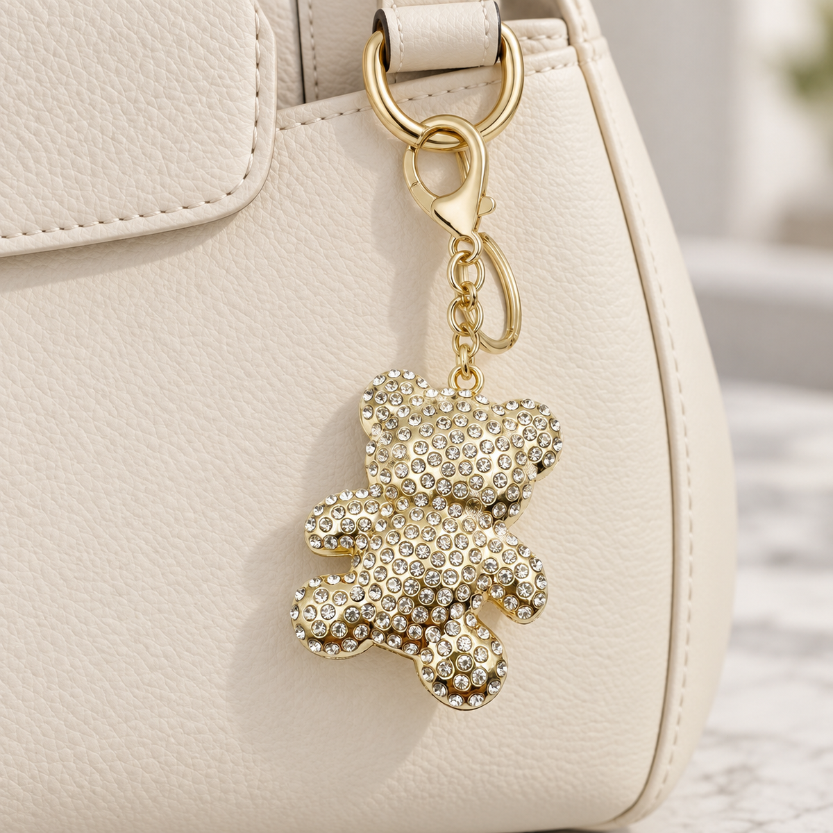 Rhinestone Teddy Bear Bag Charm styled on a cream handbag; bag not included