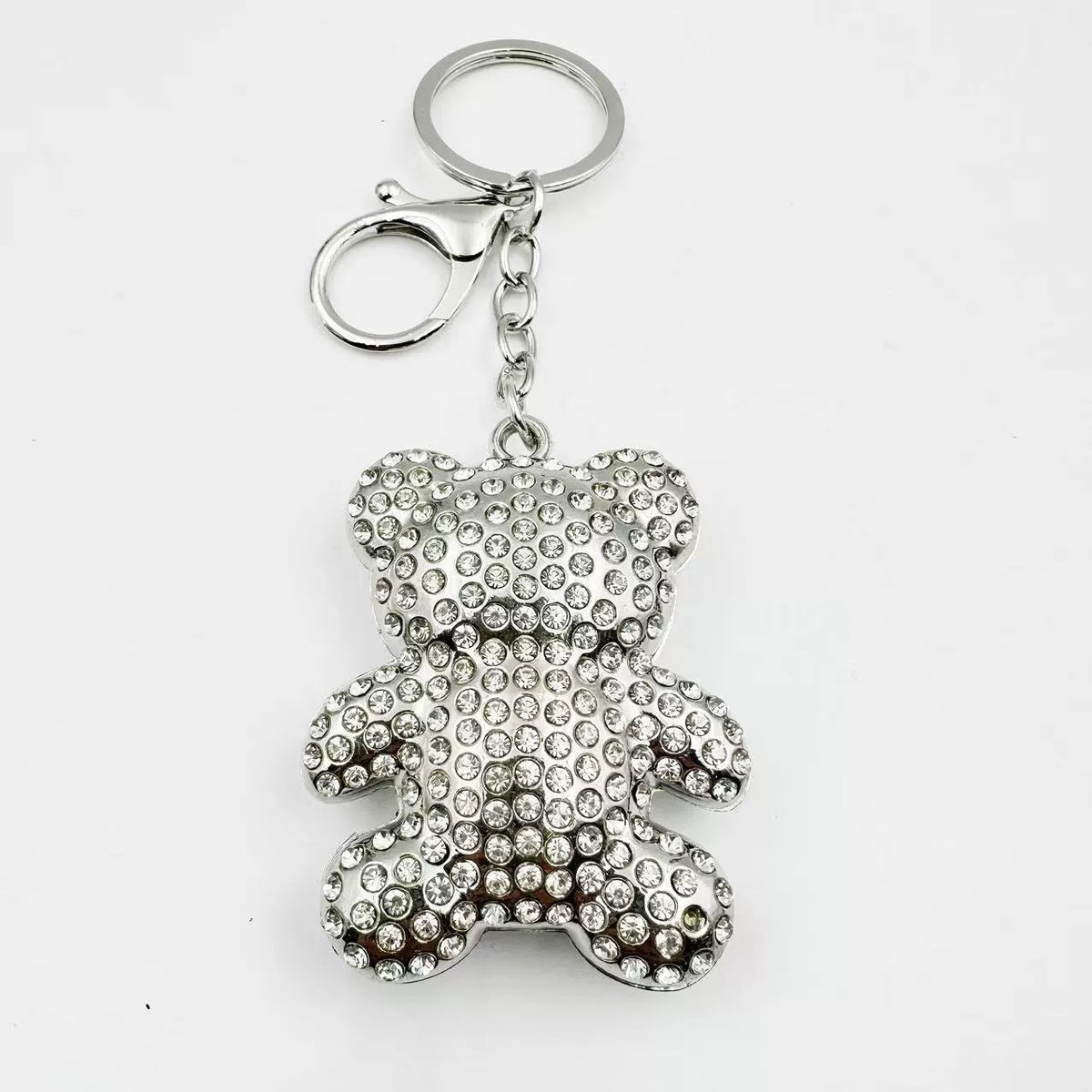 Rhinestone Teddy Bear Bag Charm — Silver Tone