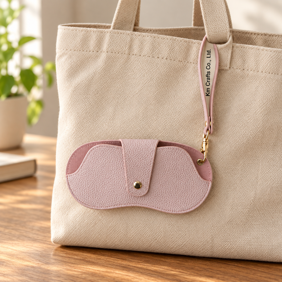 Pink bag charm attached to a canvas bag; bag not included