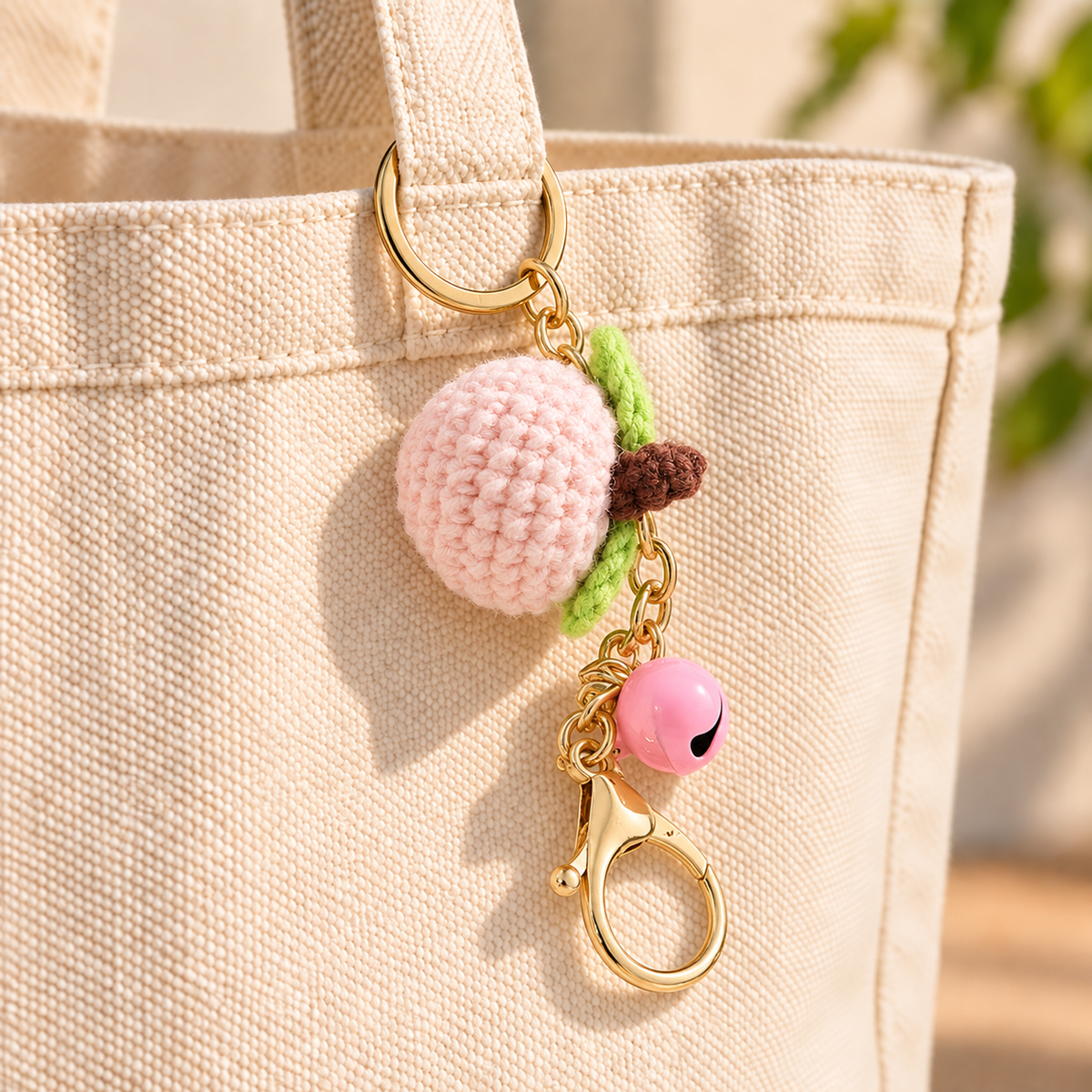 Pink crocheted peach and bell bag charm attached to a cream canvas tote; bag not included