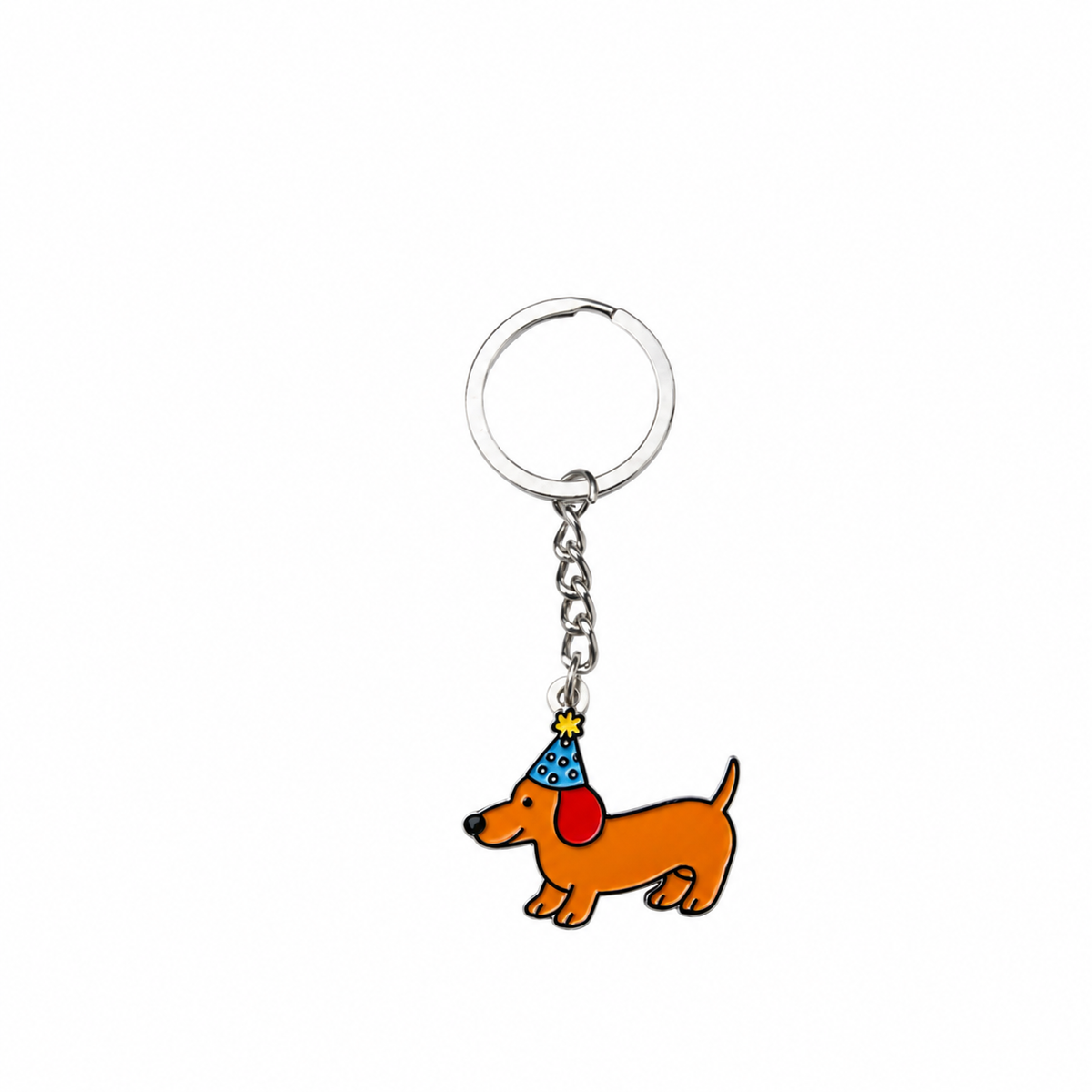 Orange party dog enamel keychain with blue dotted hat and silver-tone ring; source-faithful restored detail