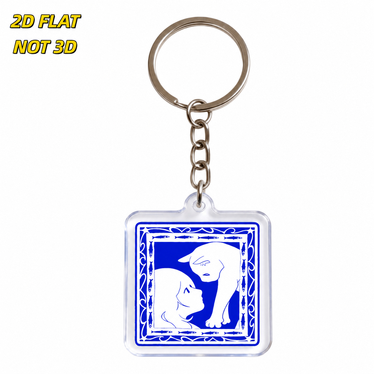 Flat blue acrylic woman and cat charm with short chain and keyring; 2D flat design