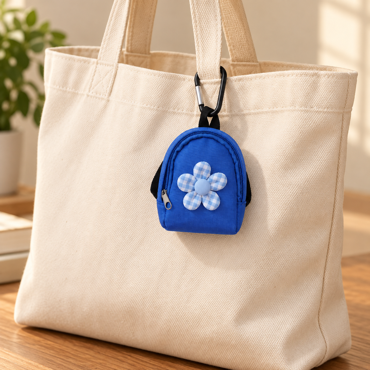 Blue mini nylon backpack pouch with blue gingham flower attached to a bag; bag not included