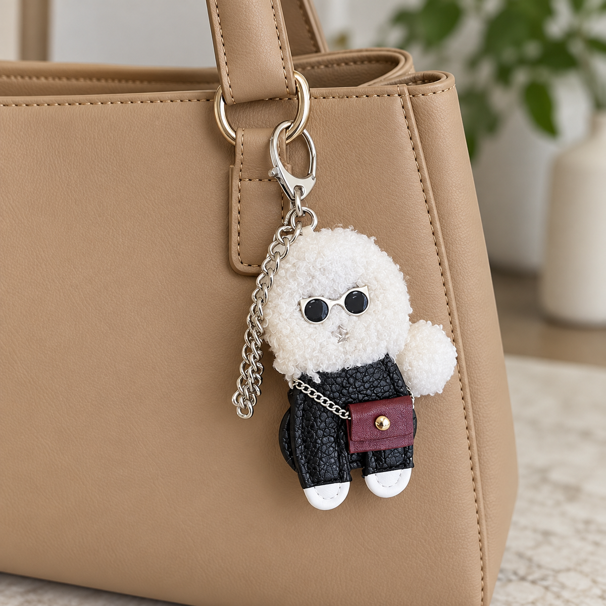 White dressed-up dog charm with black outfit, round glasses and burgundy miniature bag, attached to a handbag; styling bag not included
