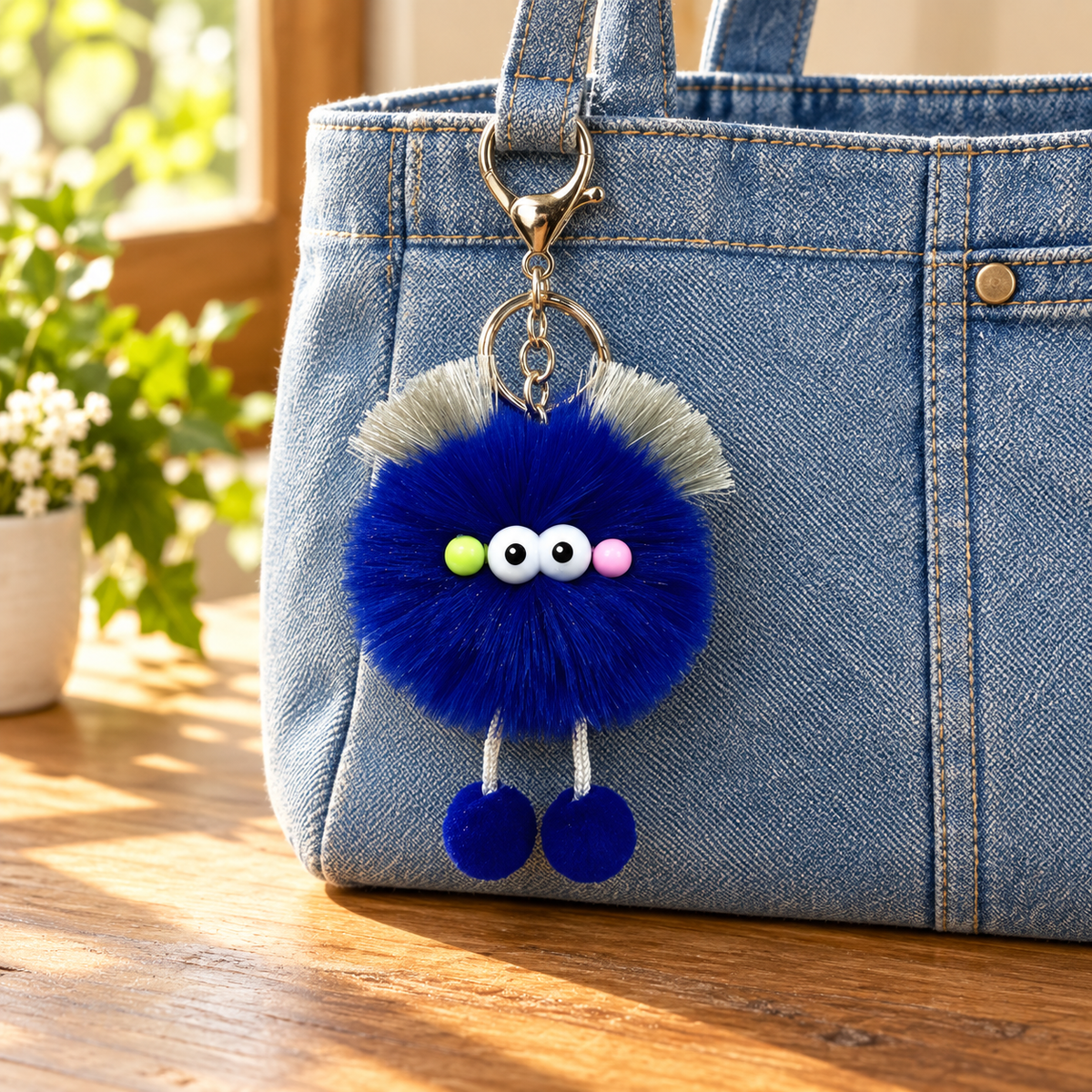Cobalt blue pom-pom character with eyes, silver trim and feet attached to a denim bag; bag not included