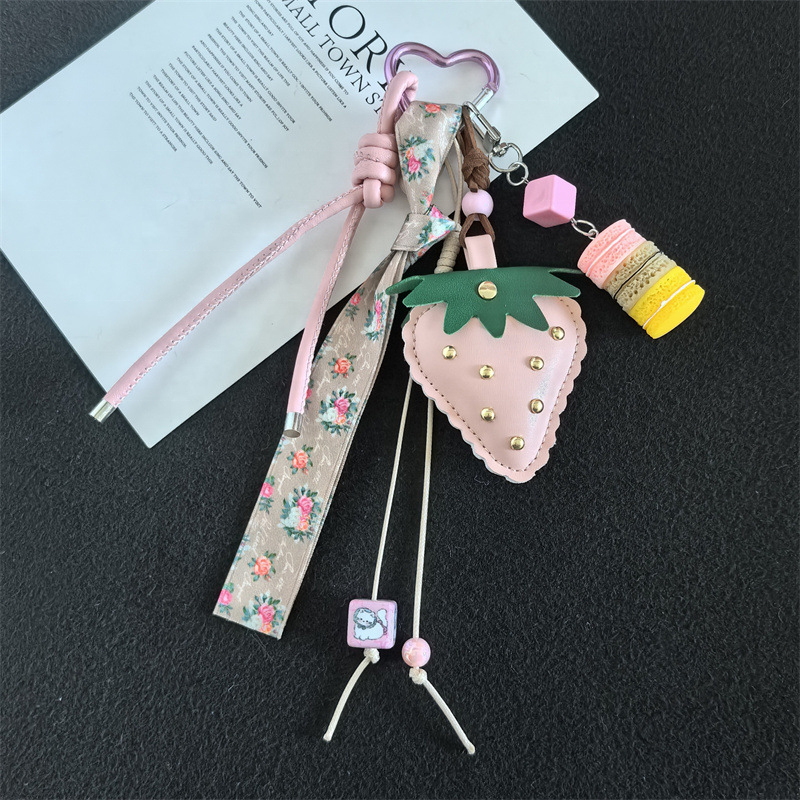 Pink PU strawberry and floral ribbon bag charm with pink heart clip — one complete charm
