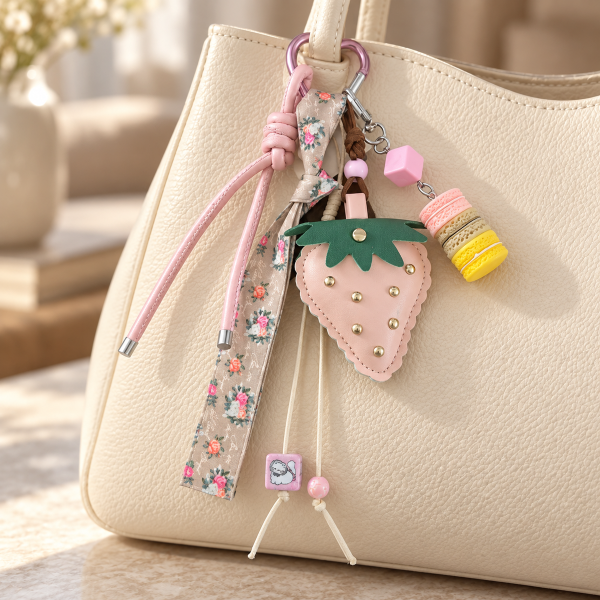 Pink strawberry and floral ribbon bag charm attached by its heart-shaped clip to an ivory bag; bag not included