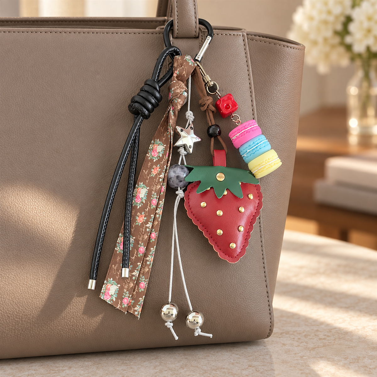 Red strawberry and floral ribbon charm attached by its black heart-shaped clip to a taupe bag; bag not included