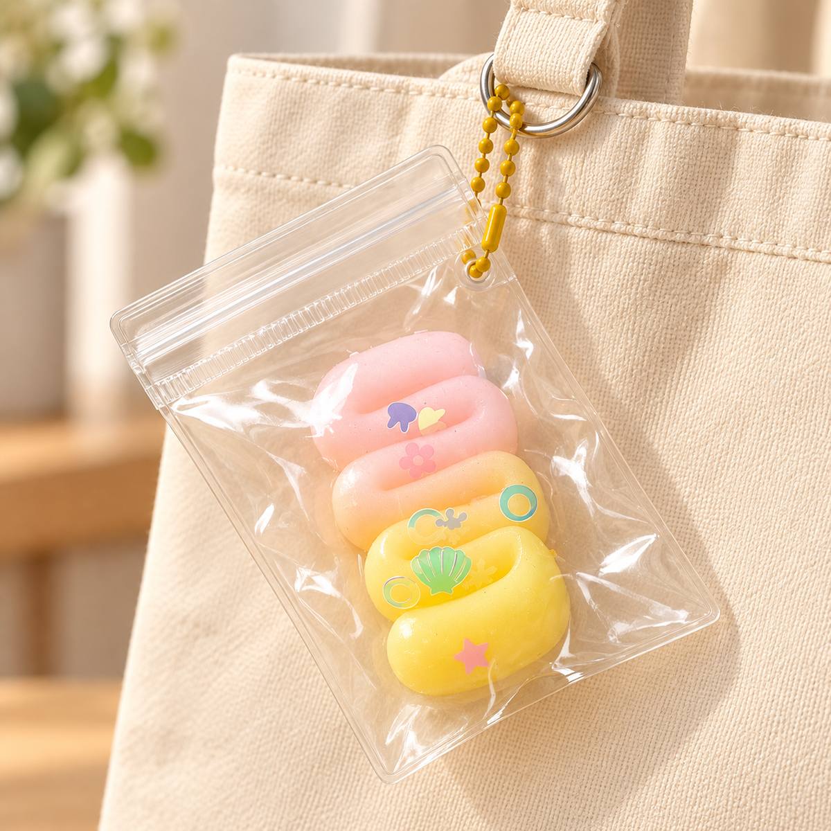 Cream Twist squishy charm in its clear pouch attached to a bag; bag not included