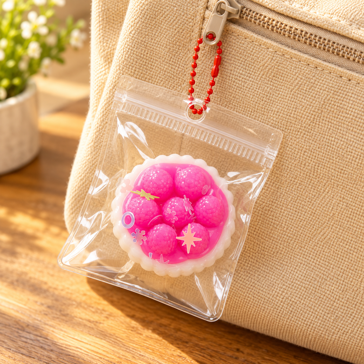 Raspberry Tart squishy charm in its clear pouch attached to a bag; bag not included