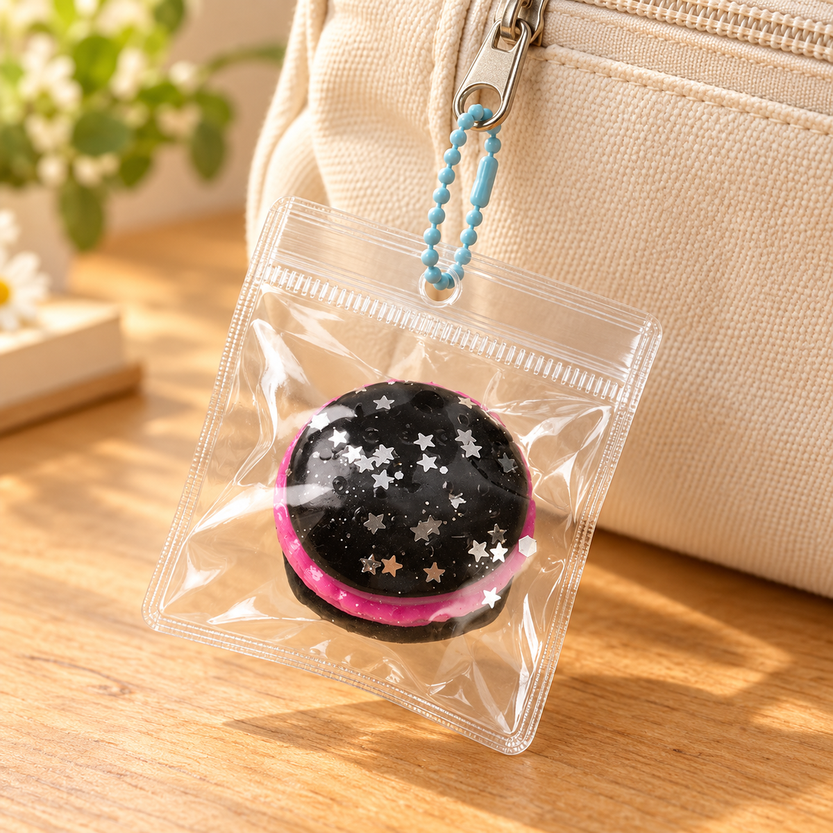 Burger squishy charm in its clear pouch attached to a bag; bag not included