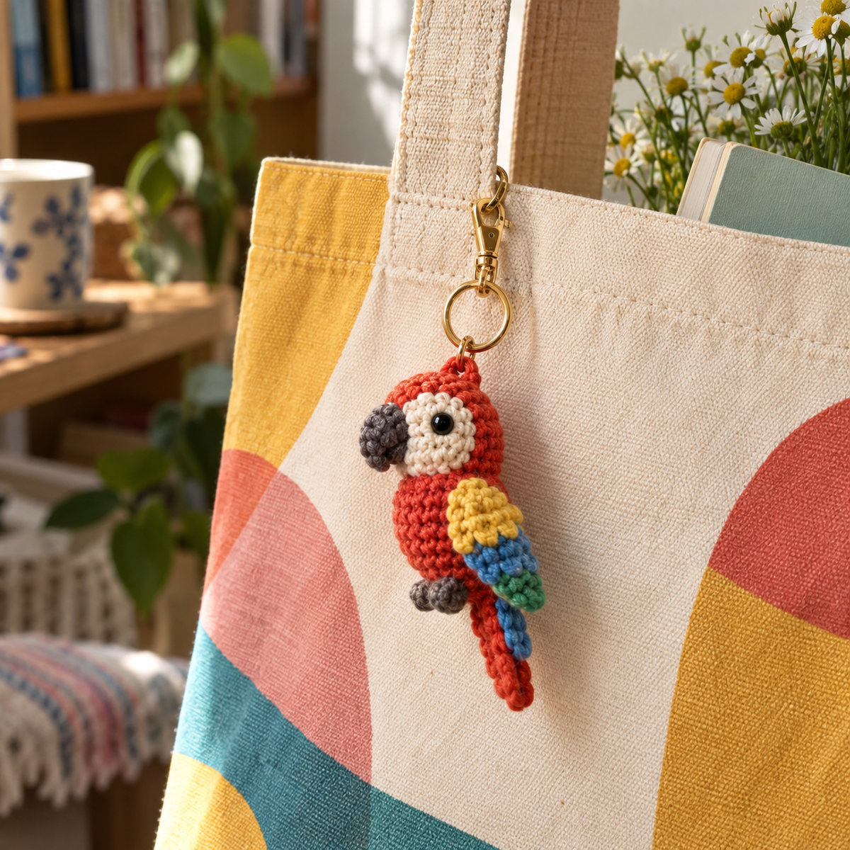 Crochet parrot bag charm attached to a colorful tote