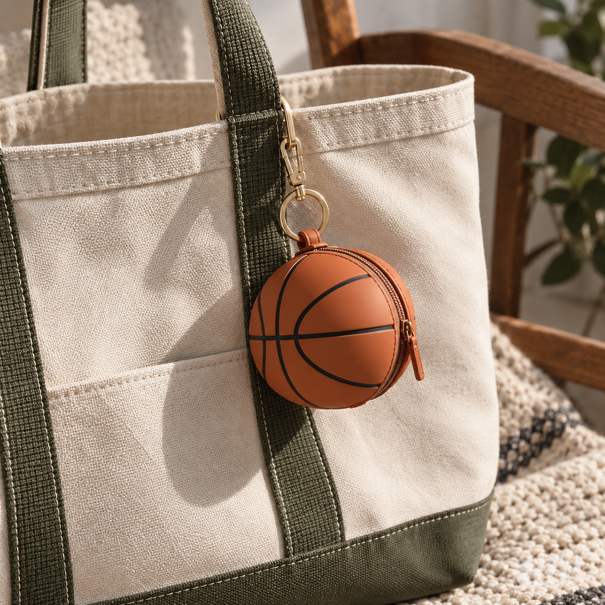 Sports-ball silicone mini pouch bag charm attached to a canvas tote