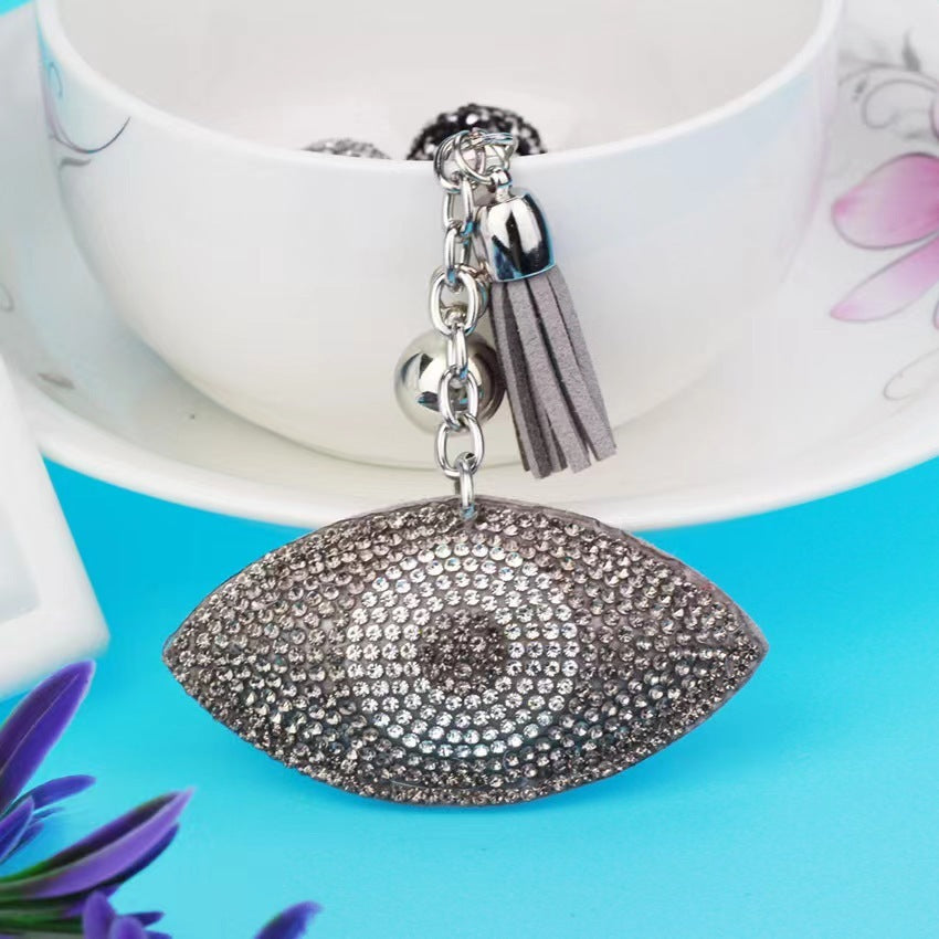 Crystal Evil Eye Bag Charm — Silver - Grey Tassel