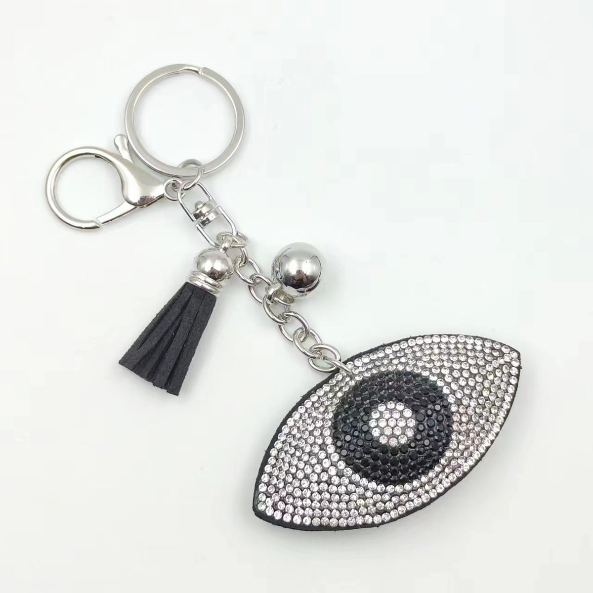 Crystal Evil Eye Bag Charm — Silver - Black Tassel