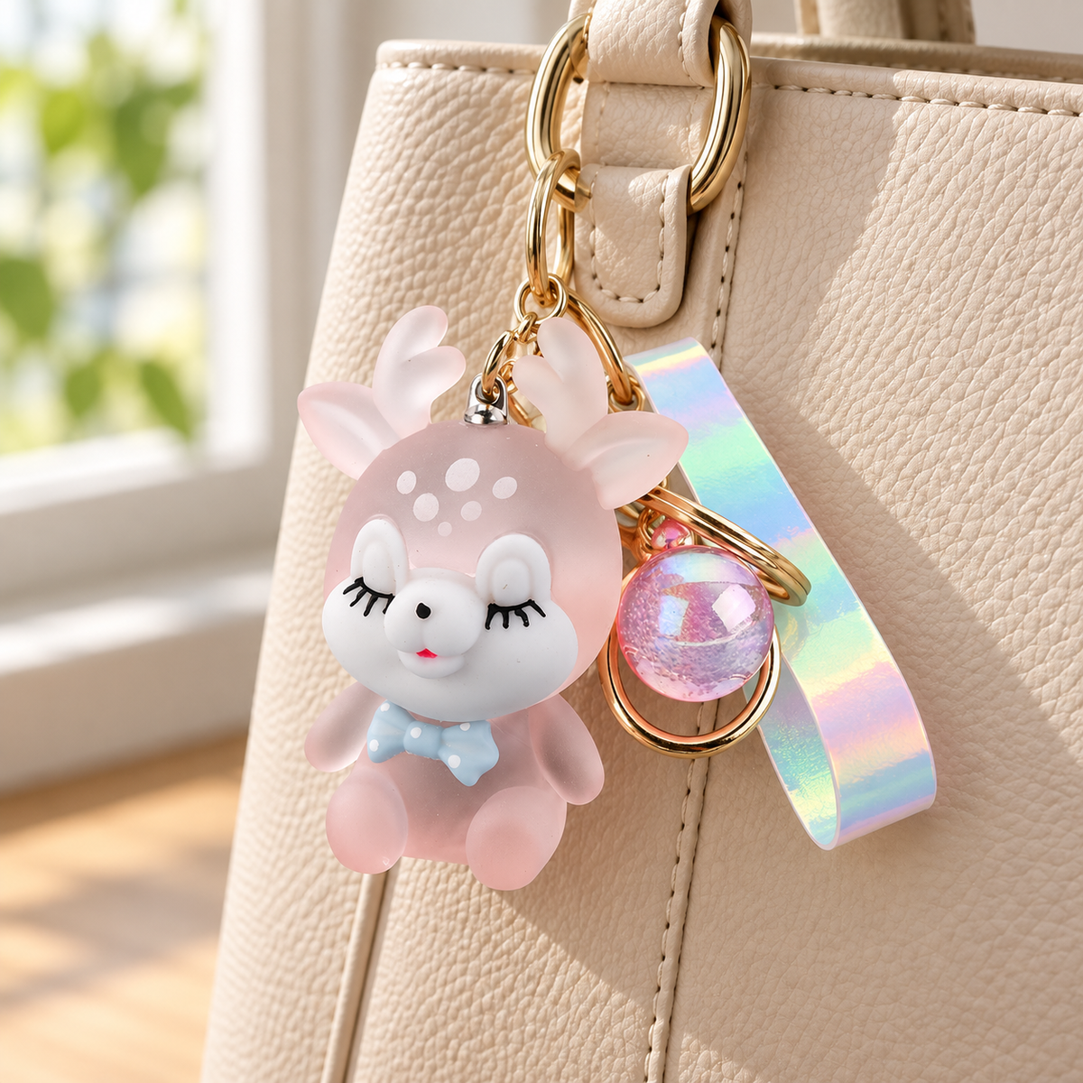 Light-Up Deer Bag Charm styled on a bag; bag not included.