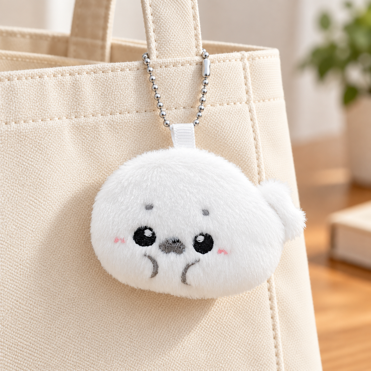 Plush Seal Bag Charm attached to a cream bag; bag not included