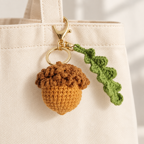 Crochet Acorn & Leaf Bag Charm on a canvas bag; bag not included