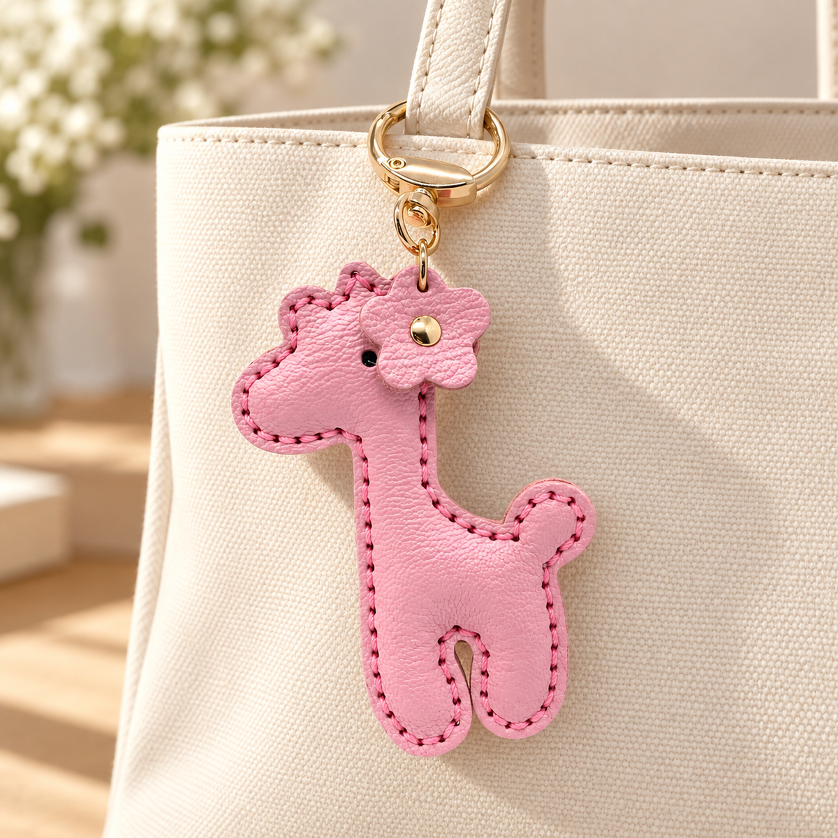 Leather Fawn Bag Charm attached to a cream bag; bag not included