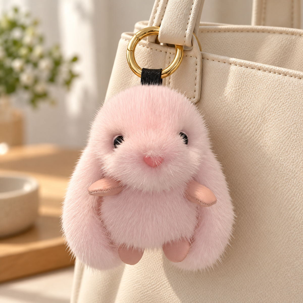 Pink fluffy bunny charm attached to a cream bag; bag not included