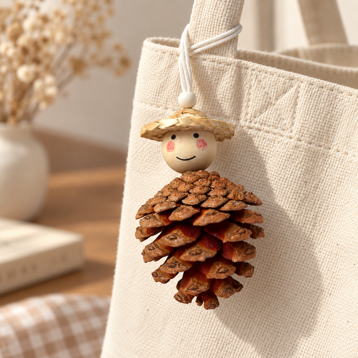 Pine Cone & Straw Hat Hanging Charm attached to a cream bag; bag not included