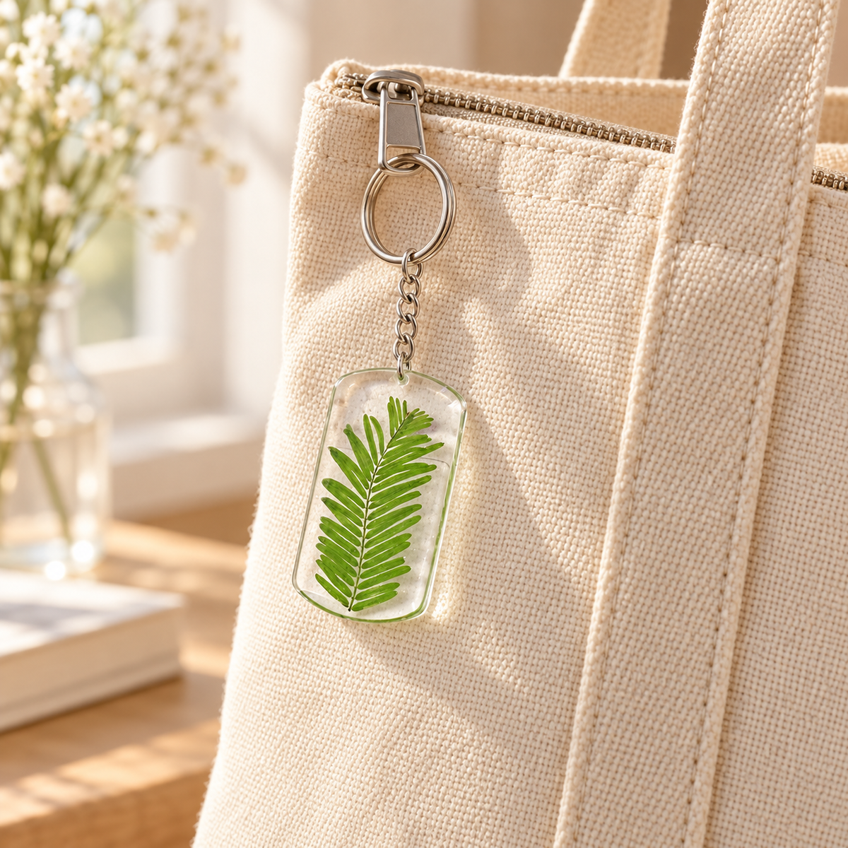 AI lifestyle hero — fern resin charm styled on a canvas bag