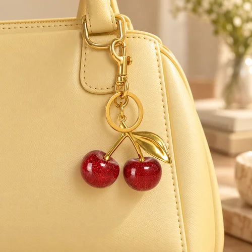 Cherry Bag Charm styled on a handbag