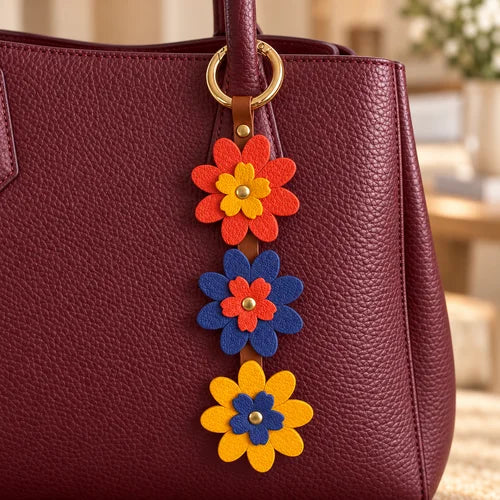 Triple Daisy Bag Charm styled on a handbag