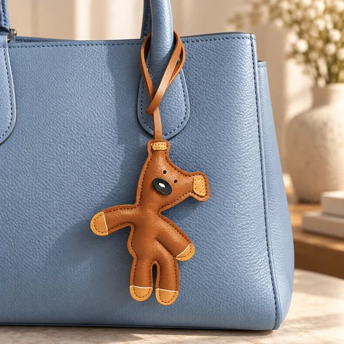 Little Bear Bag Charm — Brown styled on a handbag