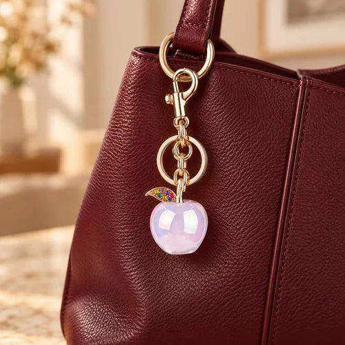 Pearlescent Apple Charm Pair styled on a handbag