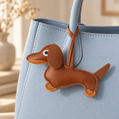 Dachshund Bag Charm — Brown styled on a handbag