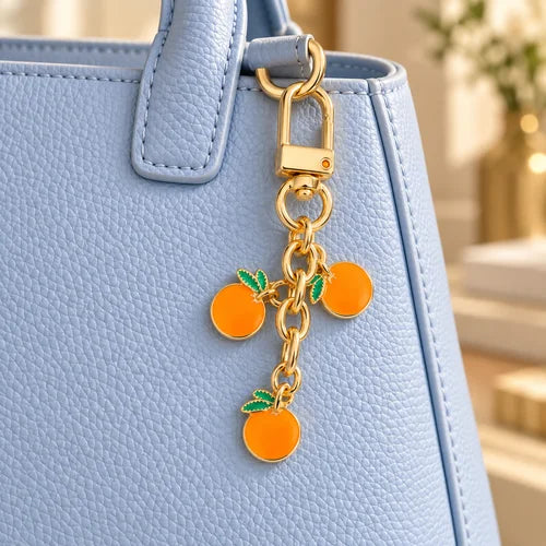 Orange & Strawberry Enamel Duo styled on a handbag