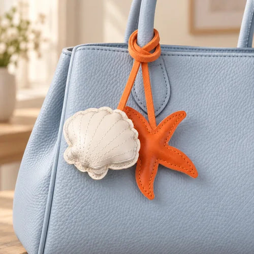 Starfish & Shell Bag Charm styled on a handbag