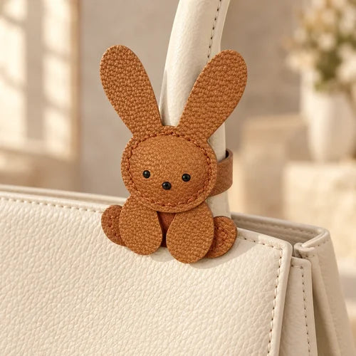 Rabbit Wrap Bag Charm — Brown styled on a handbag